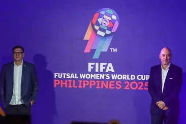 Philippine Football Federation President John Gutierrez (left) and FIFA Director of Tournaments Jaime Yarza (right) during the Brand Launch of the 2025 FIFA Futsal Women’s World Cup. Photo by Mark Demayo, ABS-CBN News.