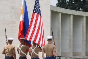 Filipino and US soldiers carry their flags during a ceremony to mark US Veterans Day at the Manila American Cemetery and Memorial on Nov. 11, 2019. George Calvelo, ABS-CBN News/File