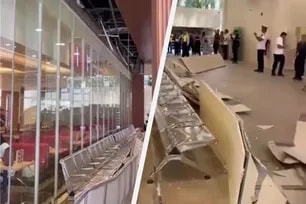 A portion of the ceiling near the arrival bay of the Ninoy Aquino International Airport (NAIA) Terminal 1 collapsed, April 3, 2026. Screenshots from video contributed by Calyn Lanuza