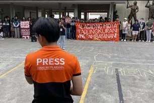 Delegates of the 60th General Assembly of Student Councils (GASC) hold a chalk art protest at Vinzons Hall on February 7, 2026 to commemorate the sixth year of the illegal arrest of the Tacloban 5. College Editors Guild of the Philippines
