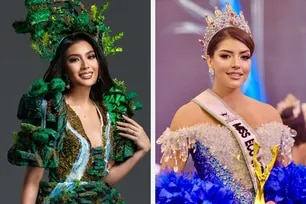 The Philippines' Gabbi Carballo in her Sierra Madre-inspired national costume (left), and newly crowned Miss Eco International Palmira Ruiz of Mexico. Photos from the Facebook pages of Carballo and Miss Eco International