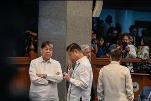 Senators huddle during a brief break in the plenary session at the Senate of the Philippines in Pasay City on May 19, 2026, conferring on key legislative measures and other pressing national concerns. Maria Tan, ABS-CBN News