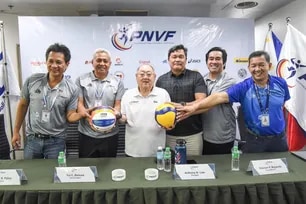 Philippine National Volleyball Federation (PNVF) president Tonyboy Liao and members of the board during a press conference on February 24, 2026. PNVF photo