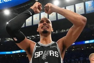 OKLAHOMA CITY, OK - MAY 30: Victor Wembanyama #1 of the San Antonio Spurs celebrates after winning game Seven of the NBA Western Conference Finals against the Oklahoma City Thunder on May 30, 2026 at Paycom Center in Oklahoma City, Oklahoma. (Photo by Jesse D. Garrabrant / NBAE / Getty Images / Getty Images via AFP)