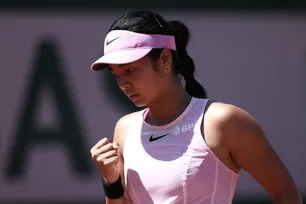 Philippines's Alexandra Eala reacts after a point as she plays against US Iva Jovic during their women's singles match on day 3 of the French Open tennis tournament at the Roland-Garros Complex in Paris on May 26, 2026.