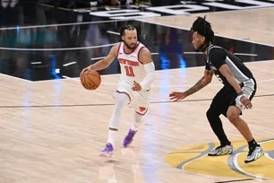 Jalen Brunson #11 of the New York Knicks drives to the basket during the game against the San Antonio Spurs during Game One of the 2026 NBA Finals on June 3, 2026 at Frost Bank Center in San Antonio, Texas. Juan Ocampo, NBAE via Getty Images/AFP