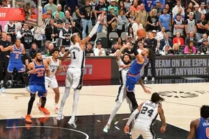 Jalen Brunson #11 of the New York Knicks drives to the basket during the game against the San Antonio Spurs during Game Two of the 2026 NBA Finals on June 5, 2026 at Frost Bank Center in San Antonio, Texas. Jesse D. Garrabrant, NBAE via Getty Images/AFP