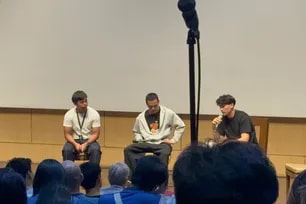 Ateneo team captain Jared Bahay, Ian Espinosa, and Andrew Bongo address the community in a town hall at the Ateneo de Manila University campus, June 16, 2026. Contributed photo