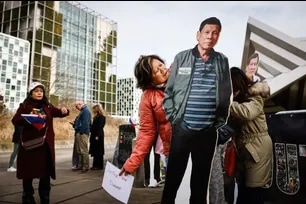 A protester holds a life-size cartboard cutouts of former Philippines' president Rodrigo Duterte during a demonstration in his support outside the International Criminal Court (ICC) in The Hague on February 23, 2026. Simon Wohlfahrt, AFP/File 