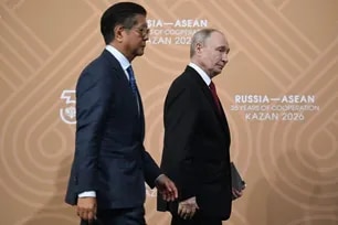 Russia's President Vladimir Putin and Philippine President Ferdinand Marcos Jr. leave after delivering press statements following the Russia-ASEAN summit in the central Russian city of Kazan on June 18, 2026. Alexander Nemenov / POOL / AFP