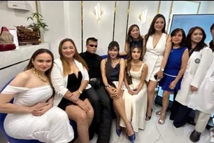 Natasha Ledesma, Sabrina M, Jeric Raval, Aryana Lopez, Ynez Veneracion, Katrina Paula, and Pia Moran (in blue) attend Cindyrella opening. Josh Mercado