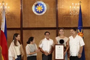 Filipina tennis star Alex Eala receives a presidential citation from President Ferdinand Marcos Jr., July 13, 2026 at Malacanang. MPC Pool