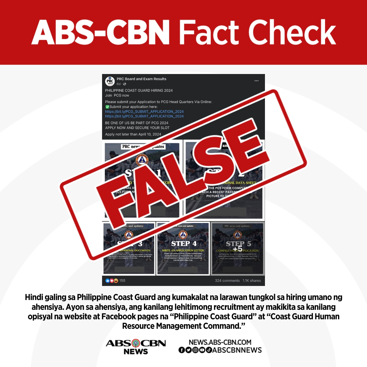Hindi galing sa Philippine Coast Guard (PCG) ang kumakalat na post sa social media tungkol sa diumano’y hiring ng ahensiya ngayong 2024.