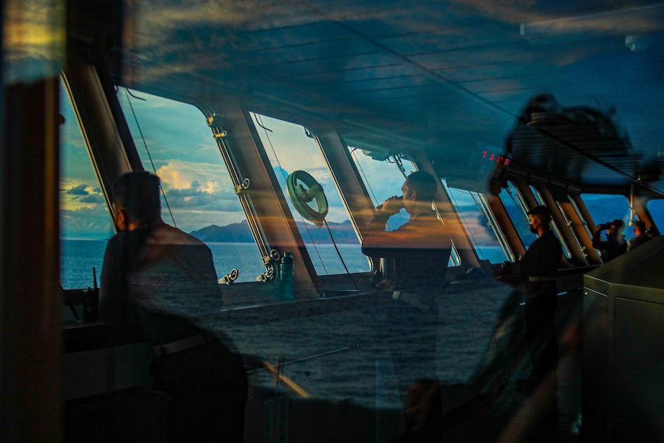 Naval officers on their watch inside the bridge of the BRP Davao Del Sur as they sail the West Philippine Sea on May 18, 2023. Jonathan Cellona, ABS-CBN News