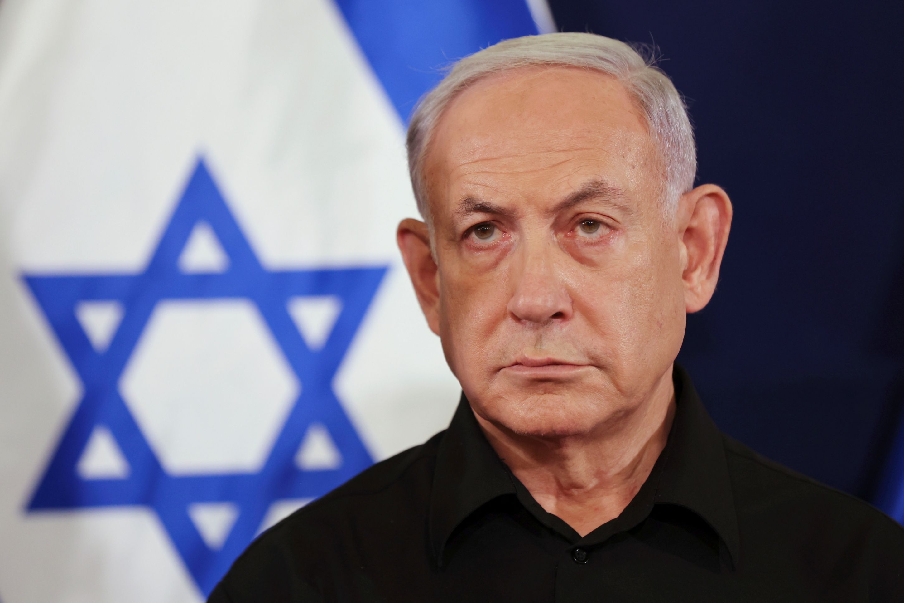Israeli Prime Minister Benjamin Netanyahu attends a press conference in the Kirya military base in Tel Aviv, Israel on Oct. 28, 2023. Abir Sultan, Pool Photo via AP/File