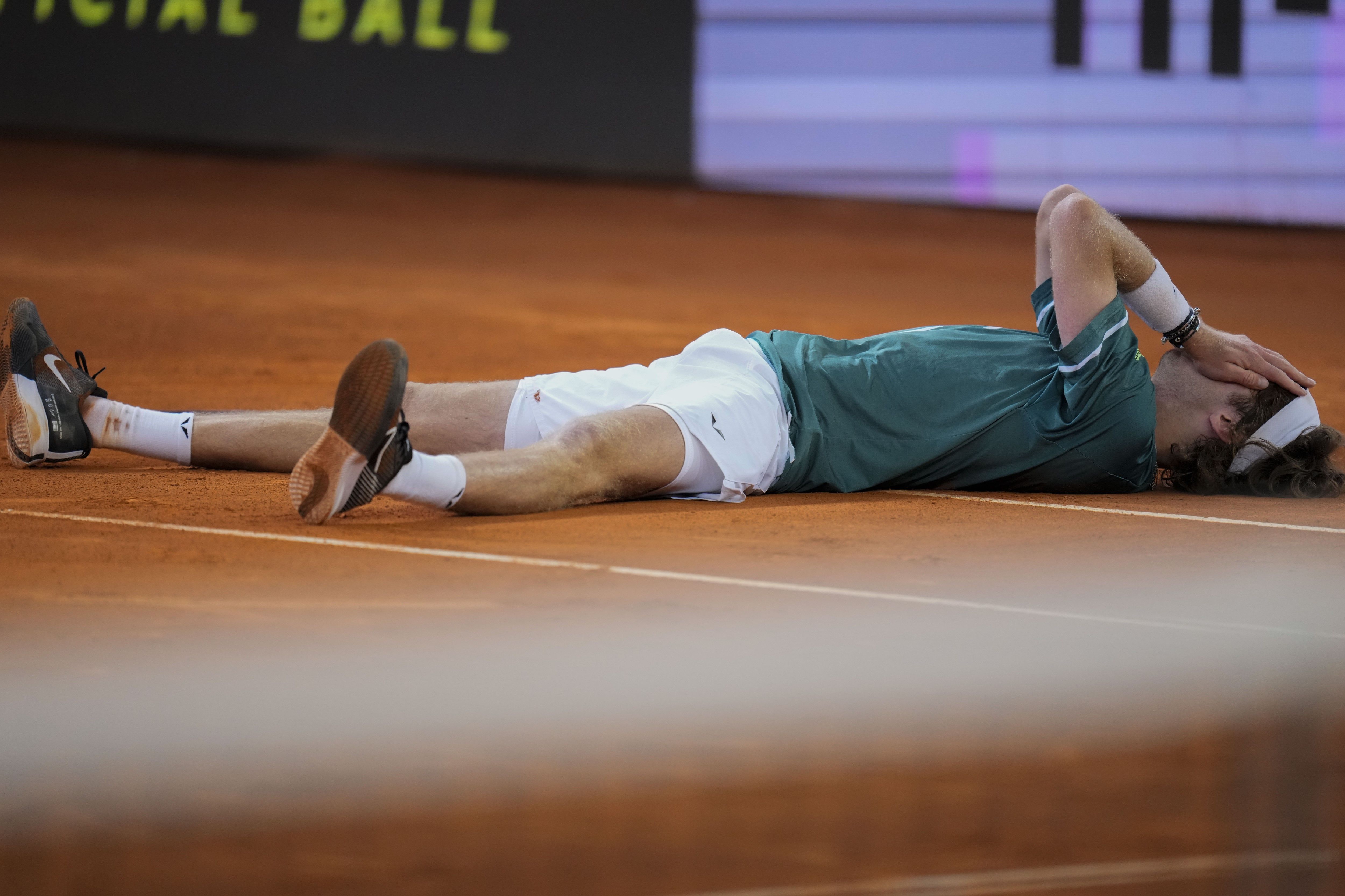 Andrey Rublev, of Russia, celebrates after winning the final match against Felix Auger-Aliassime, of Canada, at the Madrid Open tennis tournament in Madrid, Spain, Sunday, May 5, 2024. Manu Fernandez, AP Photo