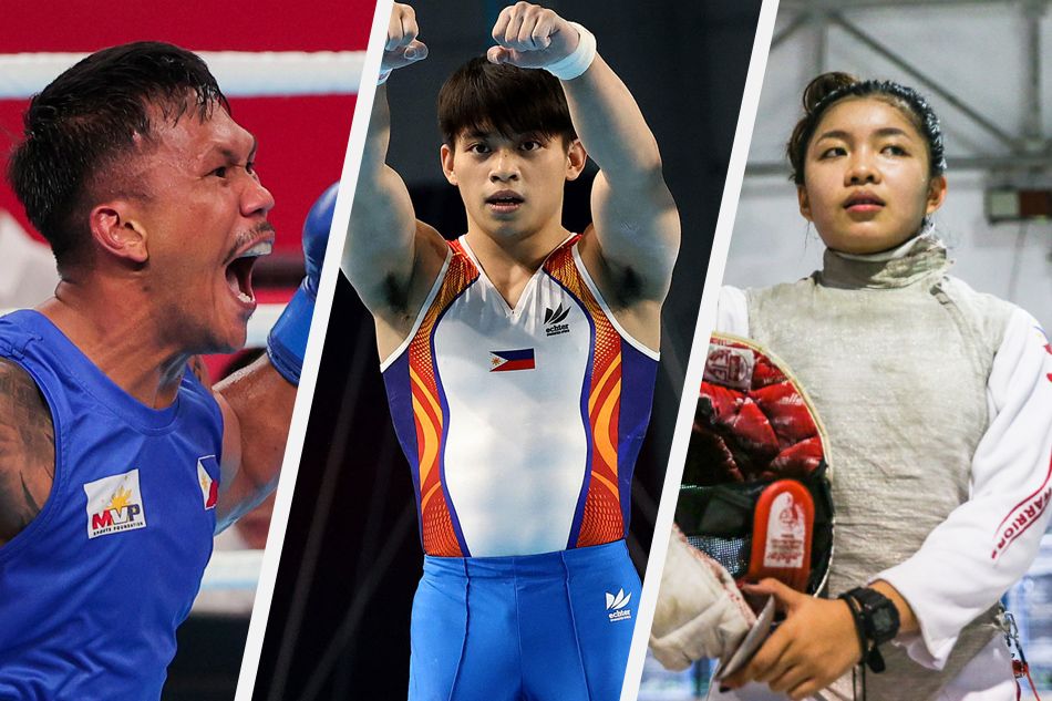 Filipino Olympians Eumir Marcial, Carlos Yulo, and Sam Catantan. File photos.