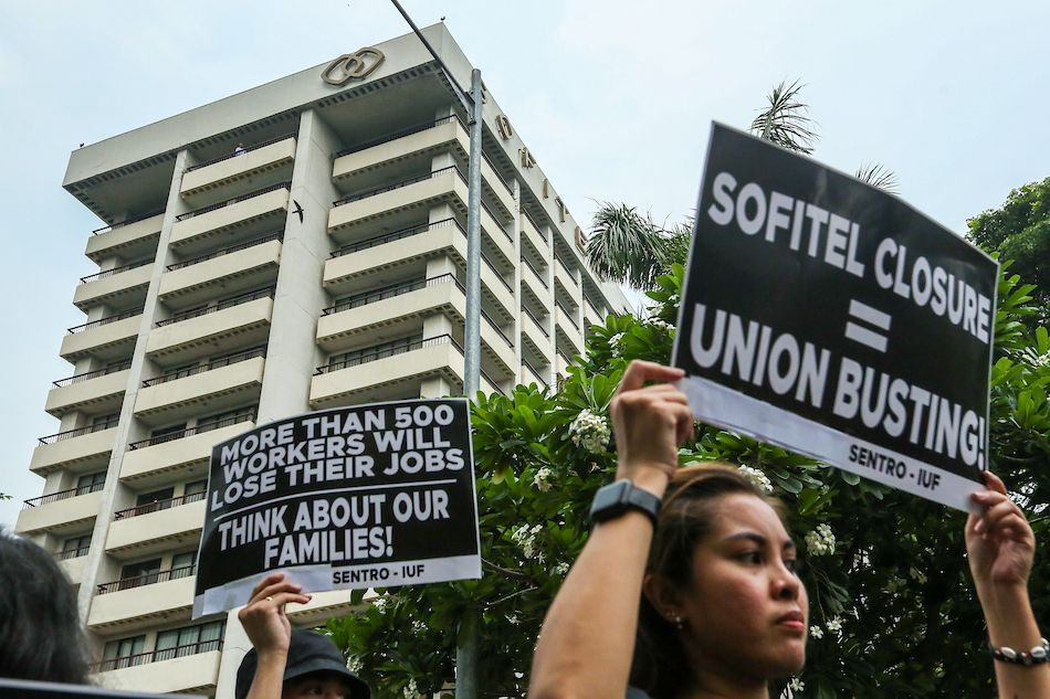 Employees of the Sofitel Hotel hold a protest picket in front of the hotel in Pasay City on June 5, 2024. Jonathan Cellona, ABS-CBN News 