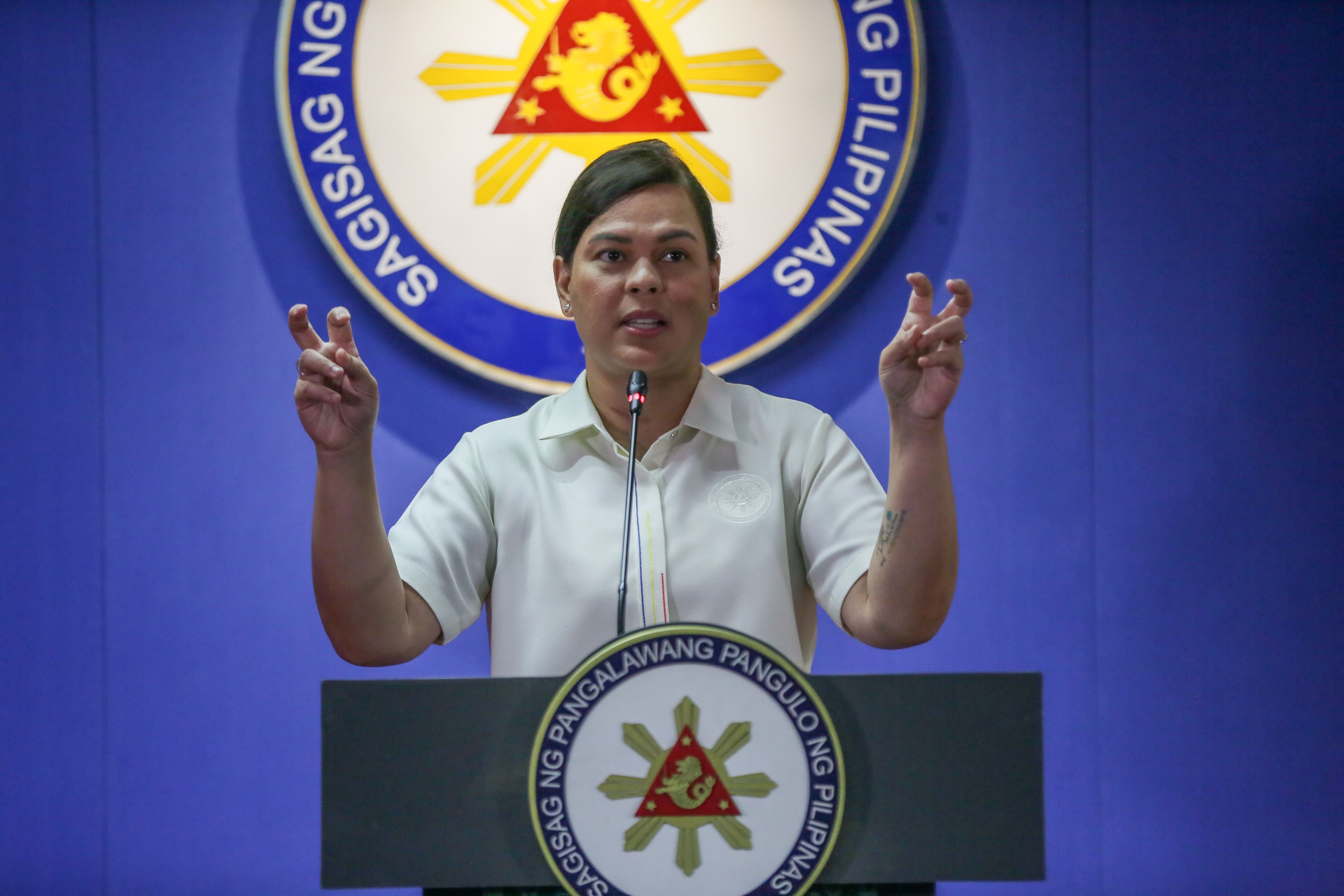 Vice President Sara Duterte-Carpio gestures during a press briefing at the Cybergate building in Mandaluyong City on September 25, 2024. Jonathan Cellona, ABS-CBN News