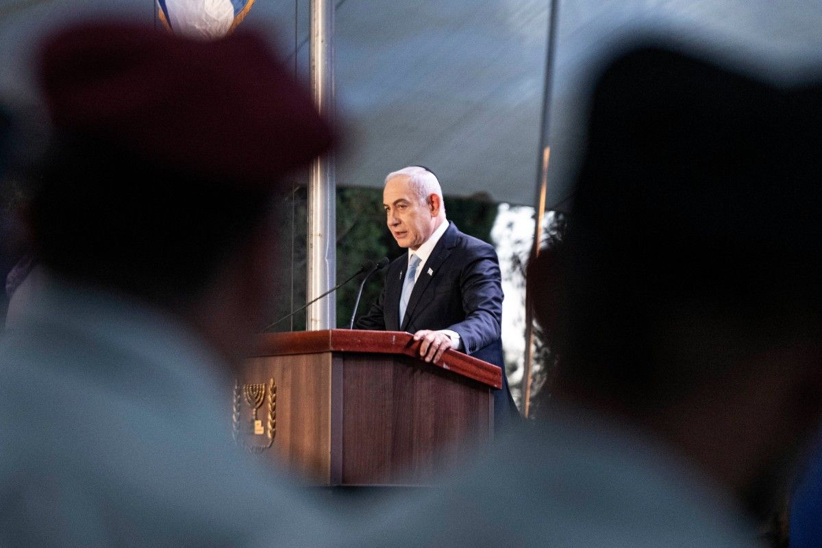 Israeli Prime Minister Benjamin Netanyahu speaks at the state memorial for Zionist leader Zeev Jabotinsky at Mount Herzl Military Cemetery in Jerusalem, on August 4, 2024. Naama Grynbaum, AFP/File