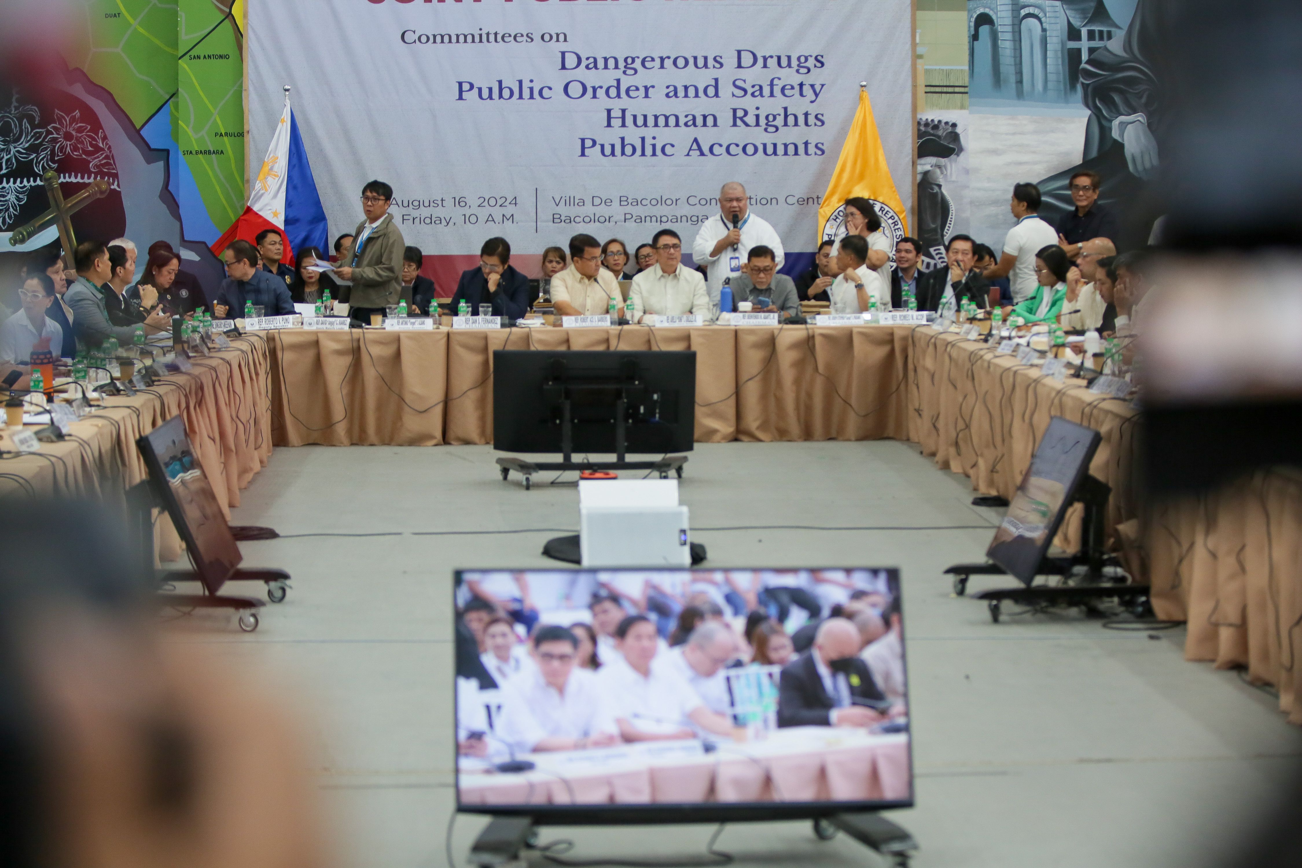 Antonio Albano deputy speaker at the House of Representatives, Santa Rosa Laguna Congressman Dan Fernandez and Rep. Robert Ace Barbers Surigao del Norte, 2nd District  presides over the quad committee hearing on Dangerous Drugs, Public Order and Safety, Human Rights and Public Accounts as they share the head table with Rep. Robert Ace Barbers Surigao del Norte, 2nd District, House senior deputy speaker Aurelio Dong Gonzales and Manila 6th District Rep. Bienvenido Abante as they hold its hearing at the Villa De Bacolor Convention Center in Bacolor Pampanga on August 16, 2024. Jonathan cellona, ABS-CBN News