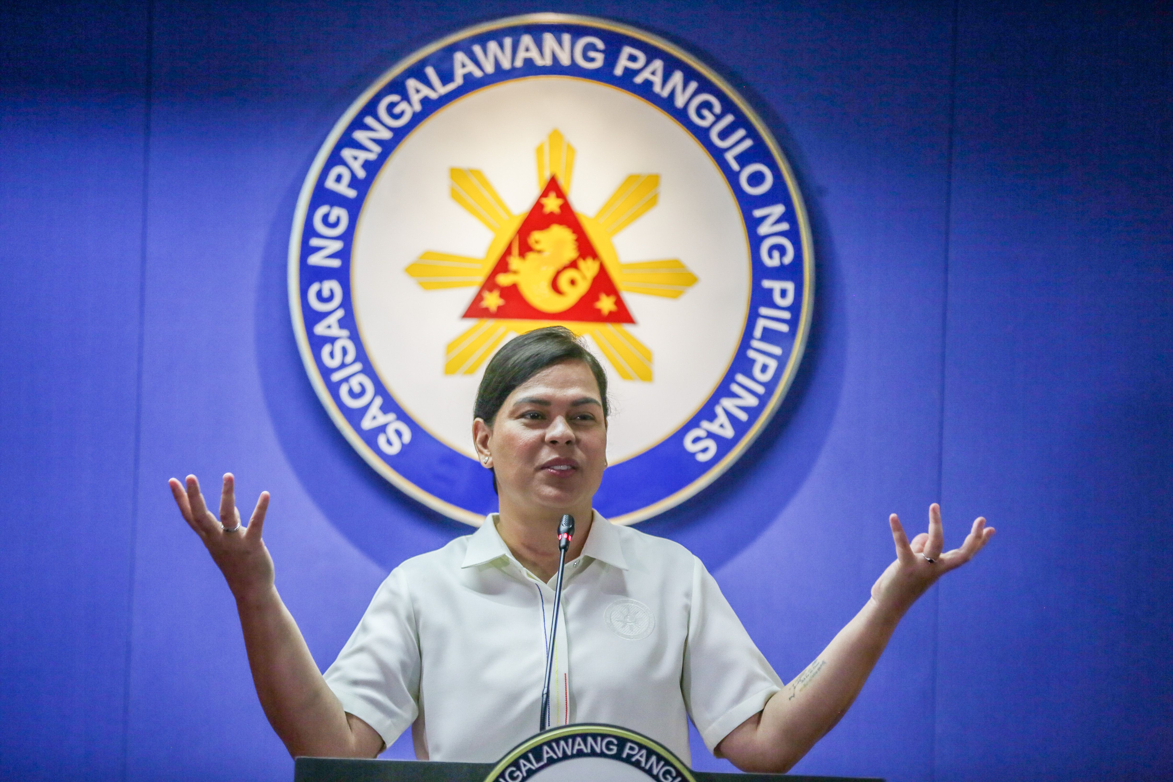 Vice President Sara Duterte-Carpio gestures during a press briefing at the Cybergate building in Mandaluyong City on September 25, 2024. Jonathan Cellona, ABS-CBN News