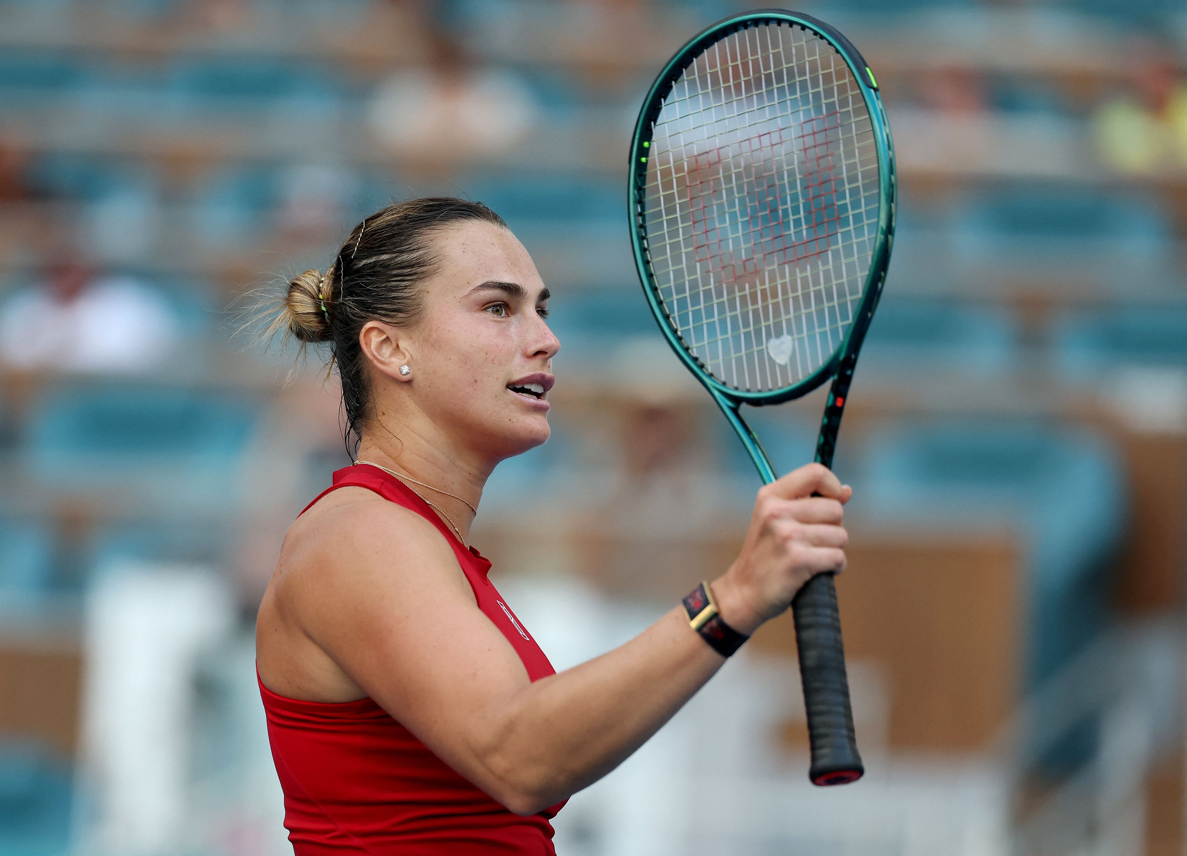 Aryna Sabalenka of Belarus celebrates match point after defeating Jasmine Paolini of Italy during their match on Day 10 of the Miami Open at Hard Rock Stadium on March 27, 2025 in Miami Gardens, Florida. Al Bello, Getty Images/AFP