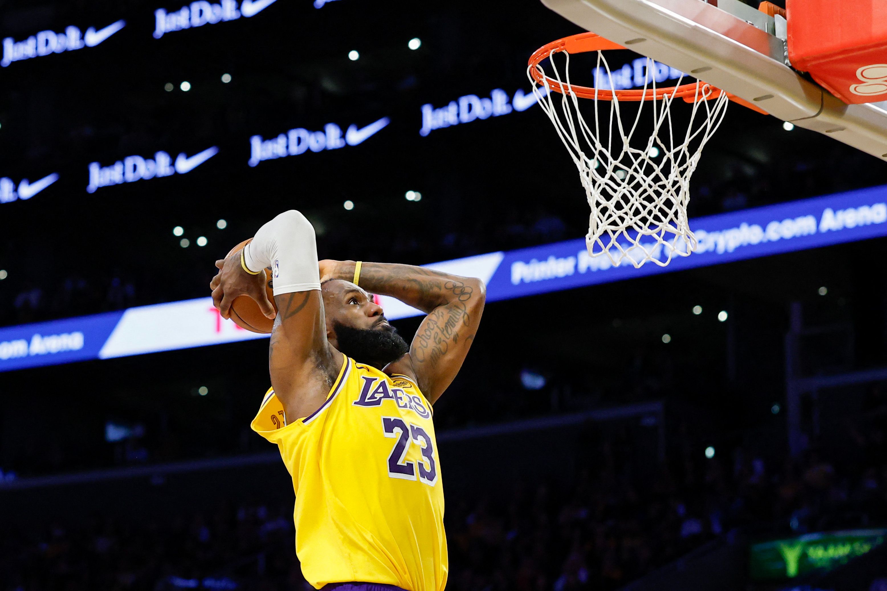 LeBron James #23 of the Los Angeles Lakers dunks the ball against the Minnesota Timberwolves during the second quarter in Game Five of the Western Conference First Round NBA Playoffs at Crypto.com Arena on April 30, 2025 in Los Angeles, California. Harry How, Getty Images/AFP