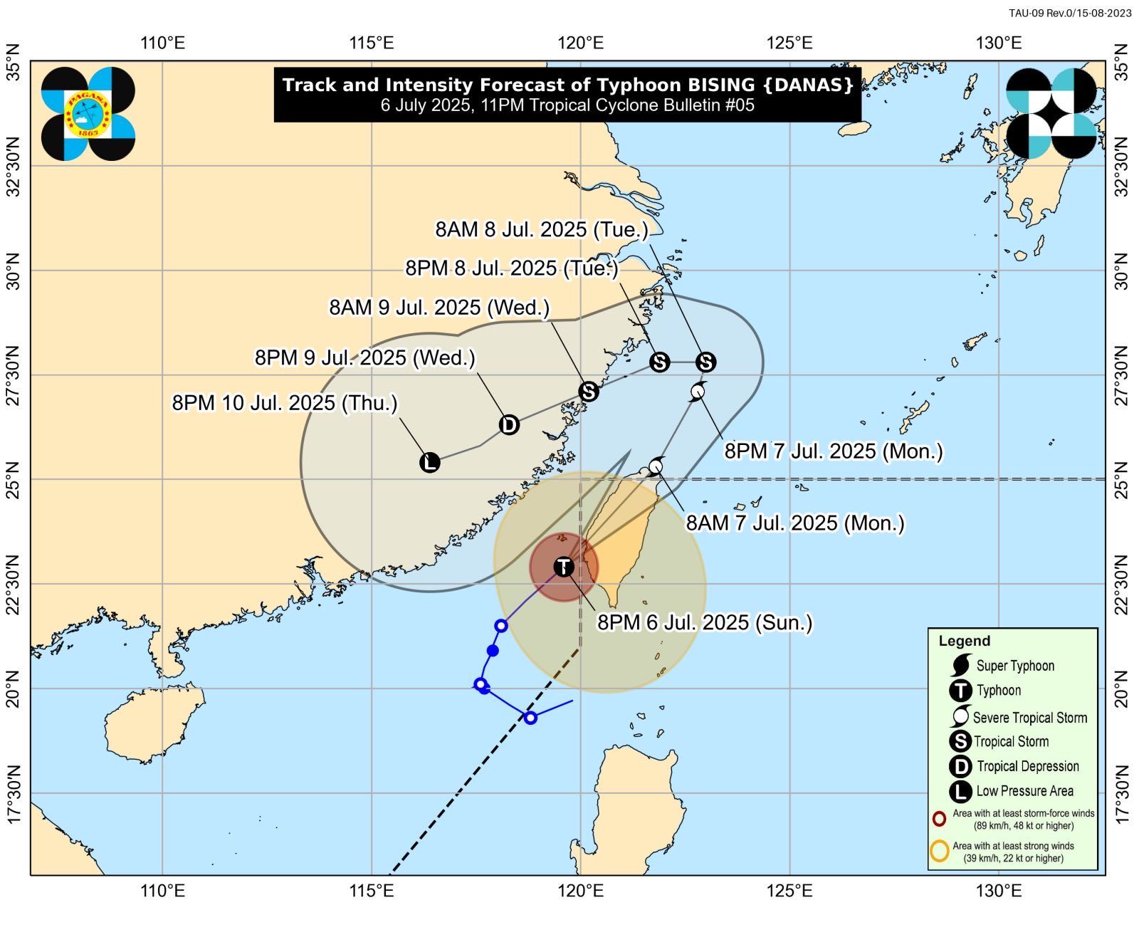 Track and intensity forecast of Typhoon Bising as of 11:00 p.m. on July 6, 2025. Handout/PAGASA