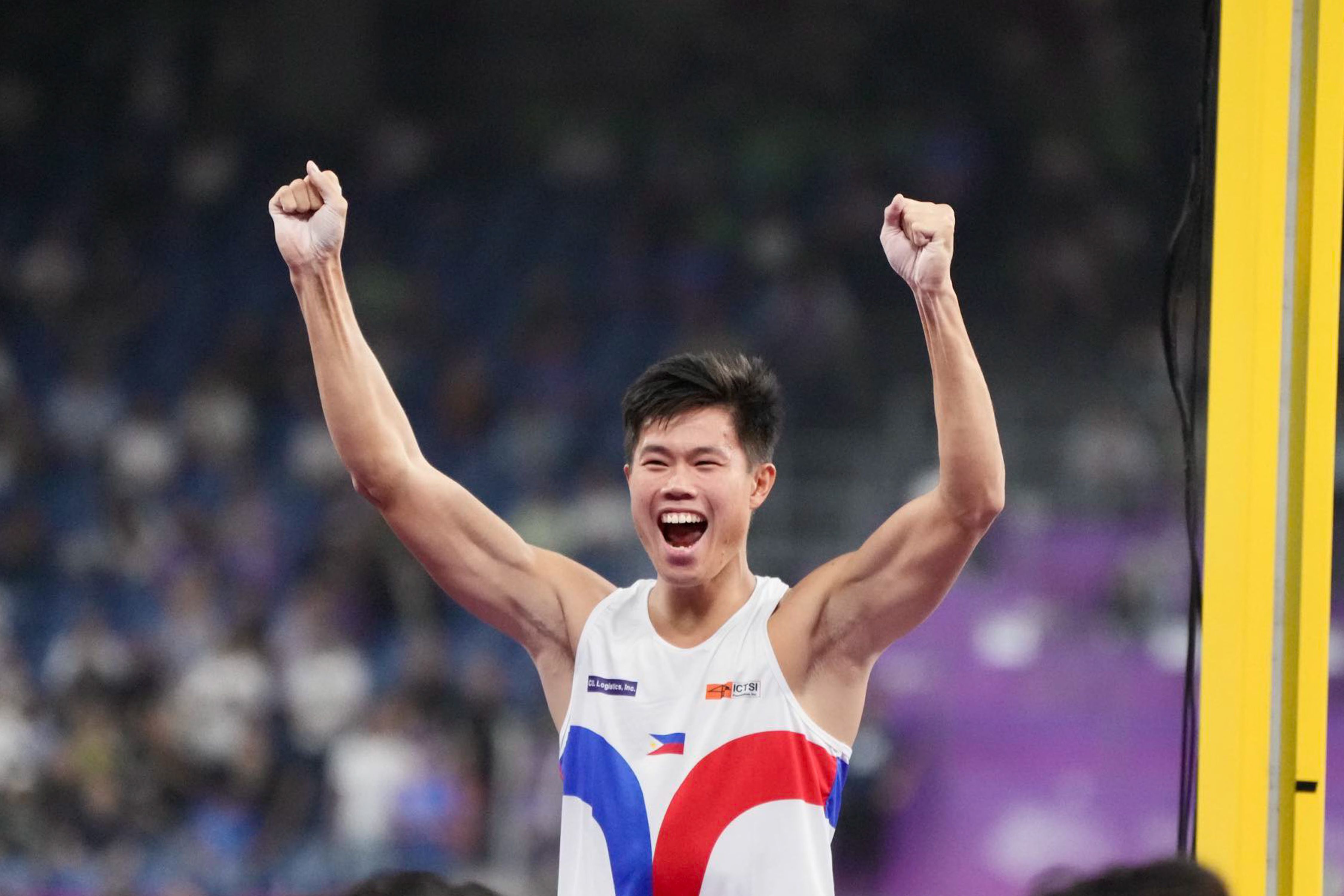 EJ Obiena celebrates after winning the men's pole vault final athletics event during the 2022 Asian Games in Hangzhou in China's eastern Zhejiang province on September 30, 2023. POC-PSC Media Pool/File