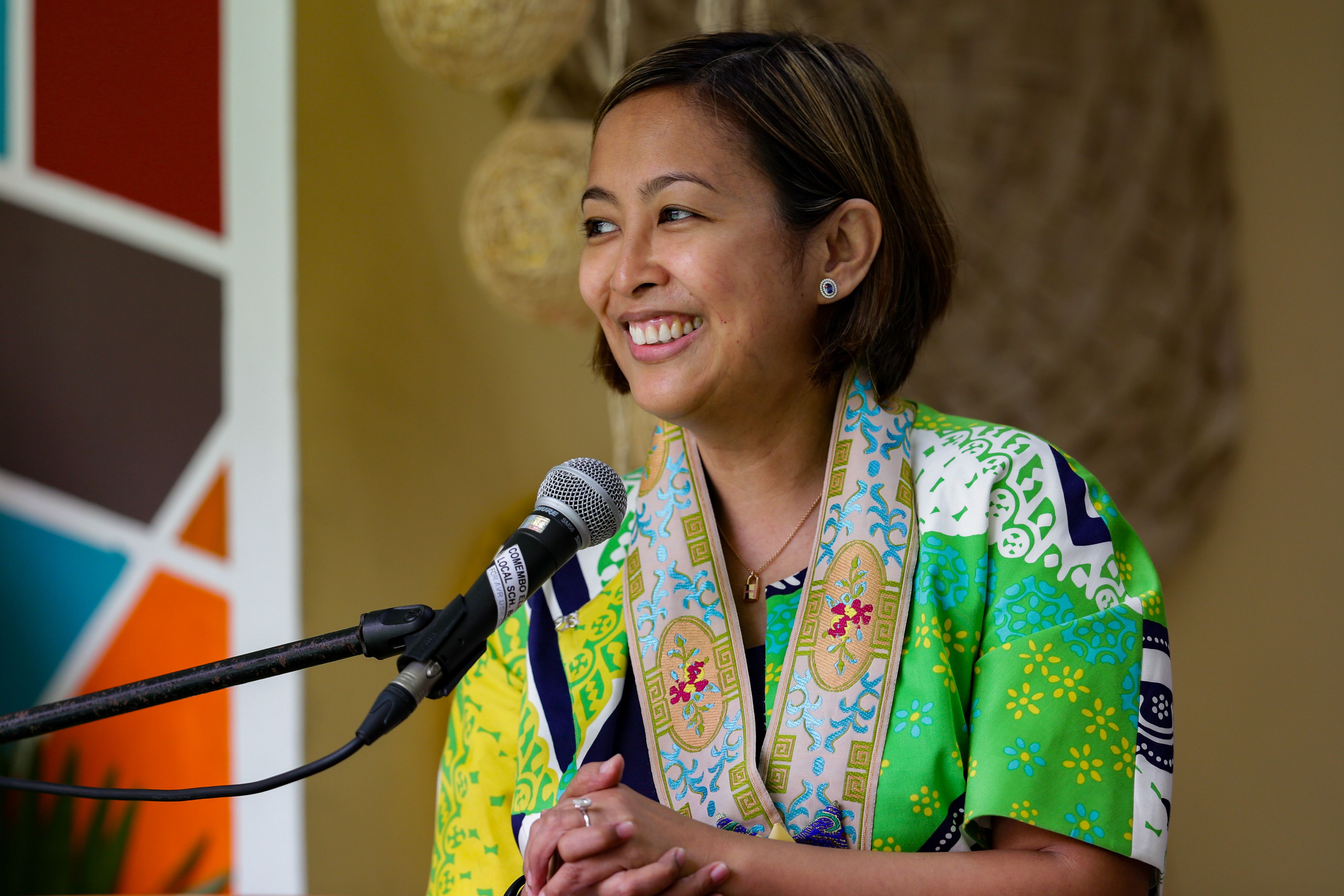 Former Makati City mayor Abby Binay speaks to the audience during the Brigada Eskwela Kickoff inside the Comembo Elementary School in Makati on August 10, 2022. George Calvelo, ABS-CBN News/File