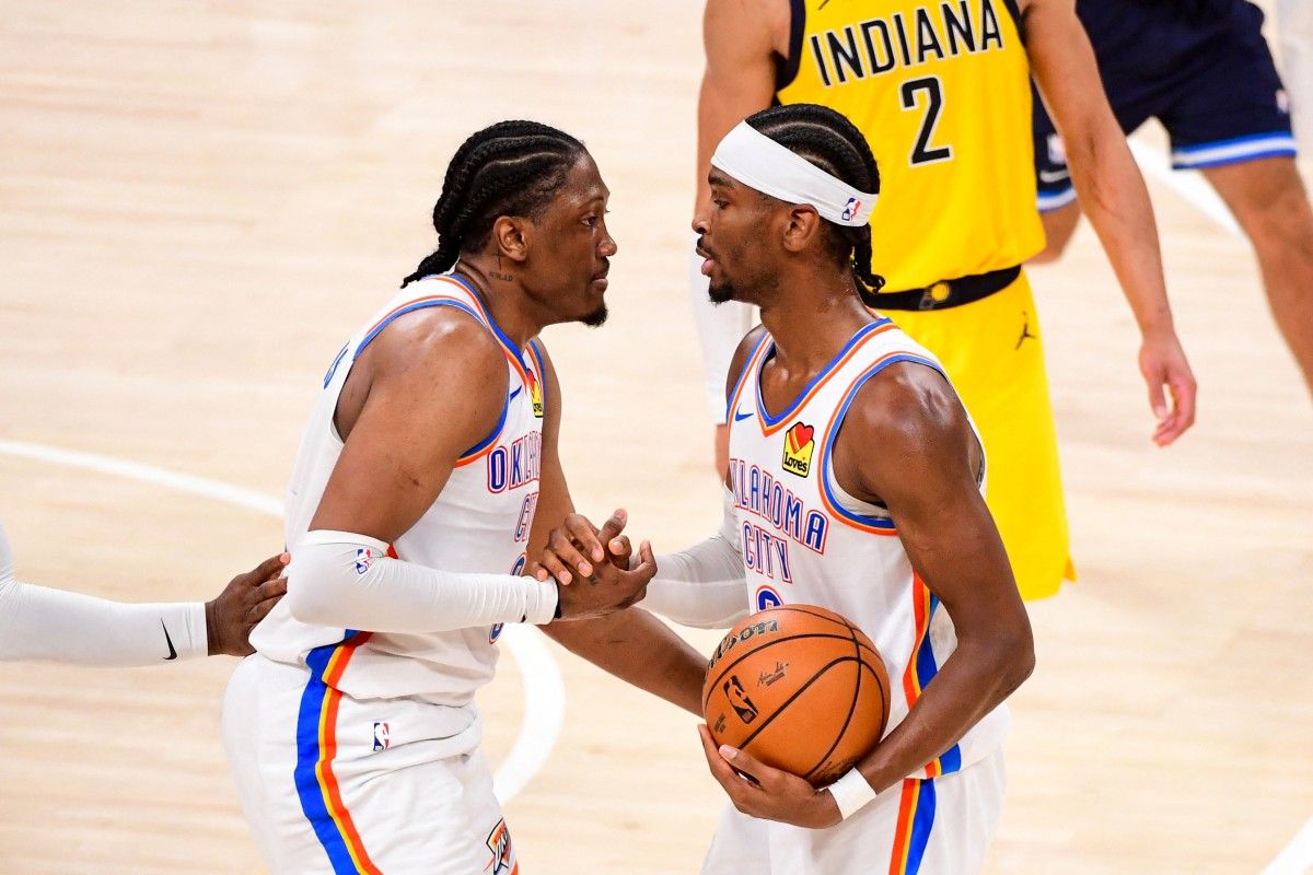 Jalen Williams #8 and Shai Gilgeous-Alexander #2 of the Oklahoma City Thunder high five during the game against the Indiana Pacers during Game Five of the 2025 NBA Finals on June 16, 2025 at Paycom Center in Oklahoma City, Oklahoma. Adam Pantozzi, NBAE via Getty Images/AFPJalen Williams #8 and Shai Gilgeous-Alexander #2 of the Oklahoma City Thunder high five during the game against the Indiana Pacers during Game Five of the 2025 NBA Finals on June 16, 2025 at Paycom Center in Oklahoma City, Oklahoma. Adam Pantozzi, NBAE via Getty Images/AFP