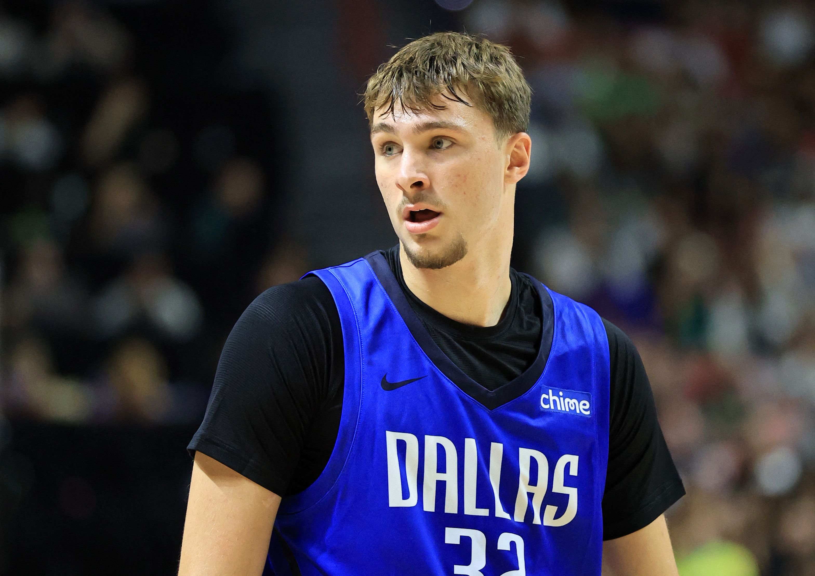 Cooper Flagg #32 of the Dallas Mavericks walks on the court during a break in the first half of a 2025 NBA Summer League game against the San Antonio Spurs at the Thomas & Mack Center on July 12, 2025 in Las Vegas, Nevada. Ethan Miller, Getty Images/AFP