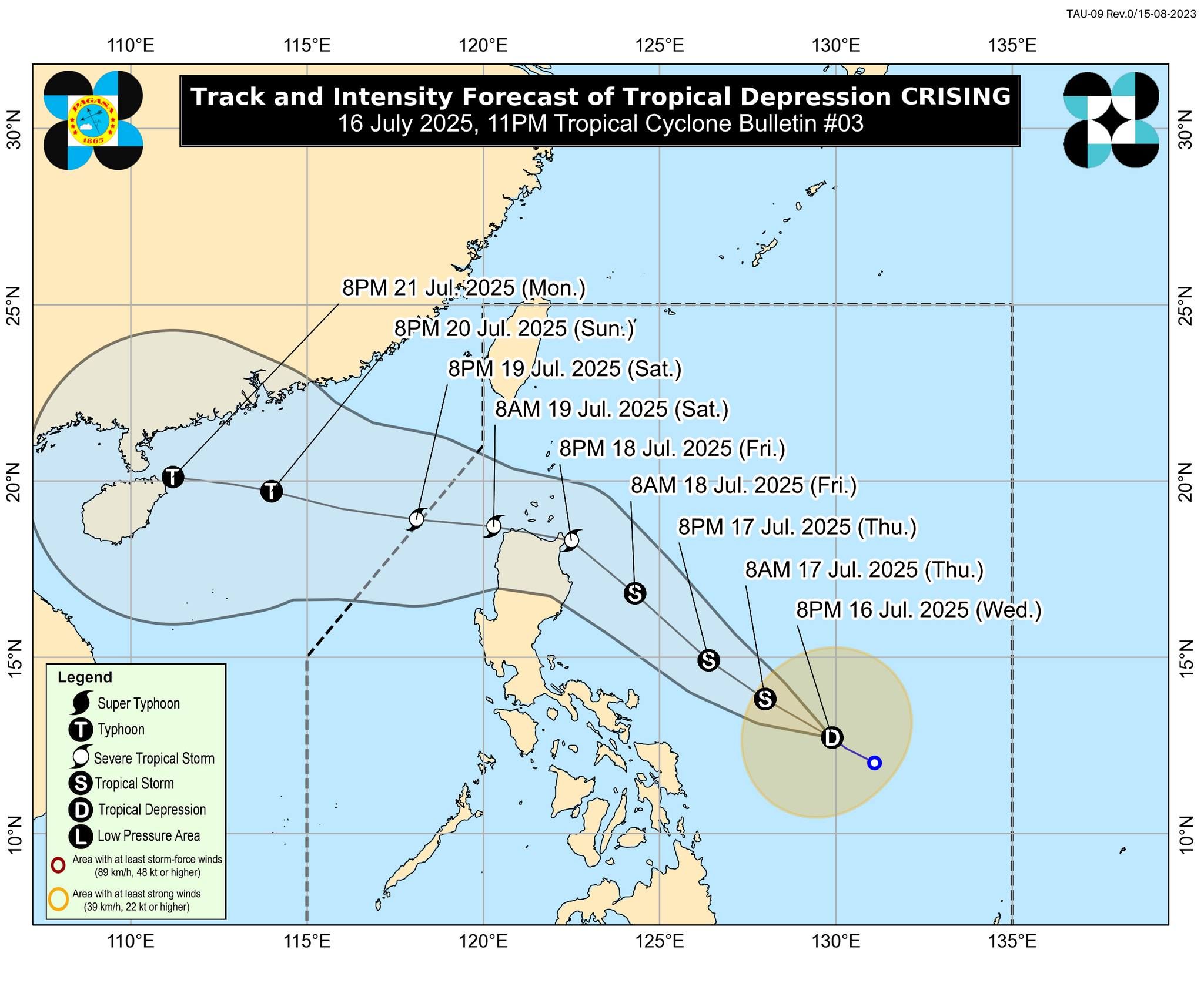 The track and intensity forecast of TD 'Crising' as of 11:00 p.m. on July 16, 2025. Handout/PAGASA