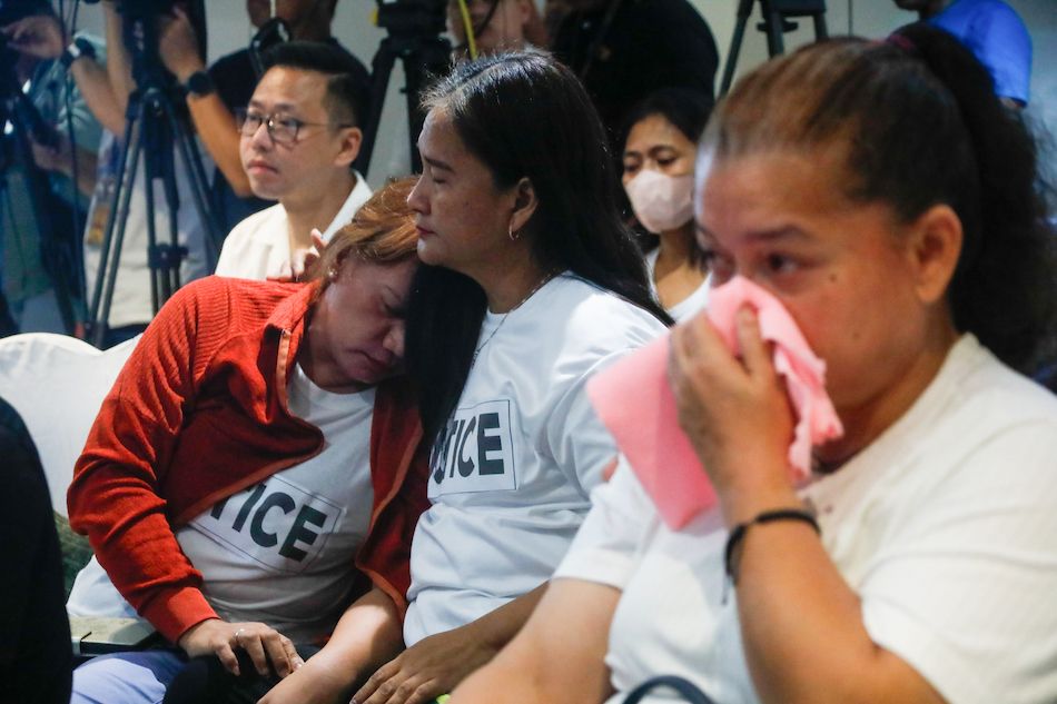 Family members of the missing sabungeros call for justice during a media conference in Quezon City on July 14, 2025. Mark Demayo, ABS-CBN News