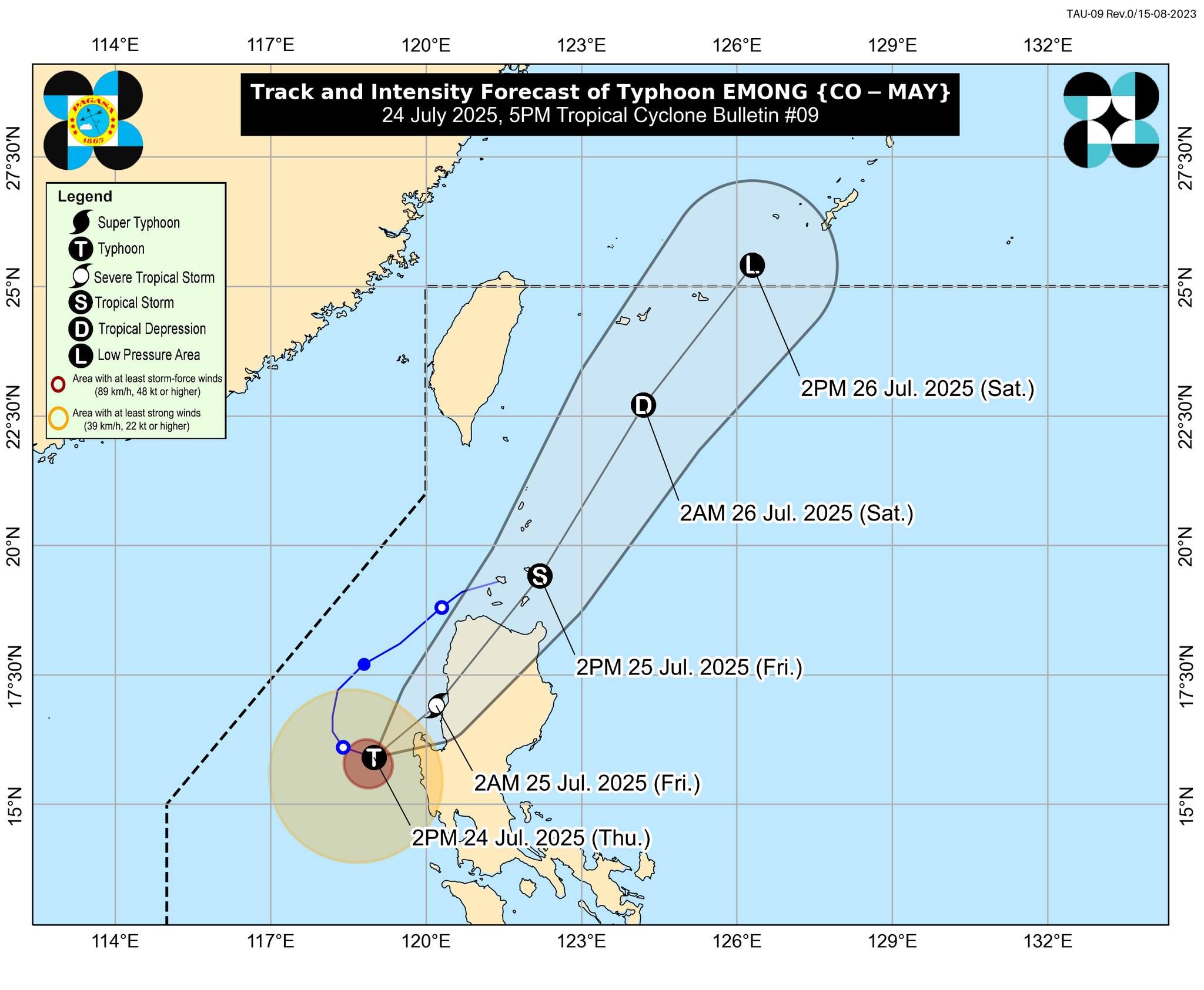 Forecast track of Typhoon Emong as of 5 p.m., July 24, 2025 Handout/PAGASA