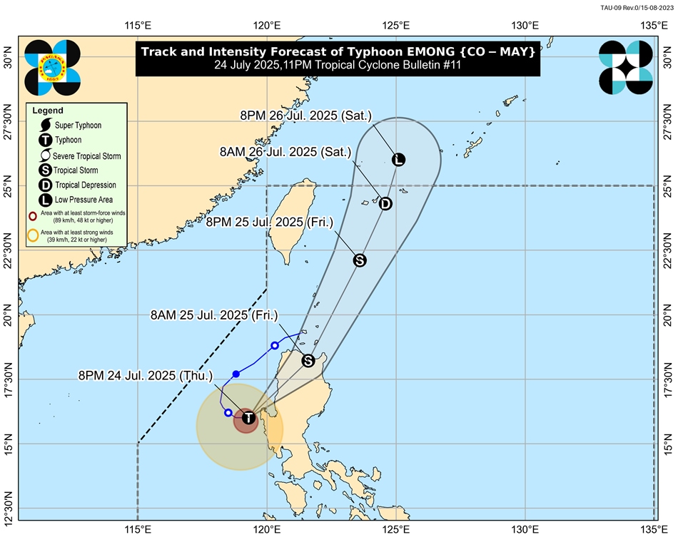 Forecast track of Typhoon Emong as of 11 p.m., July 24. Handout/PAGASA
