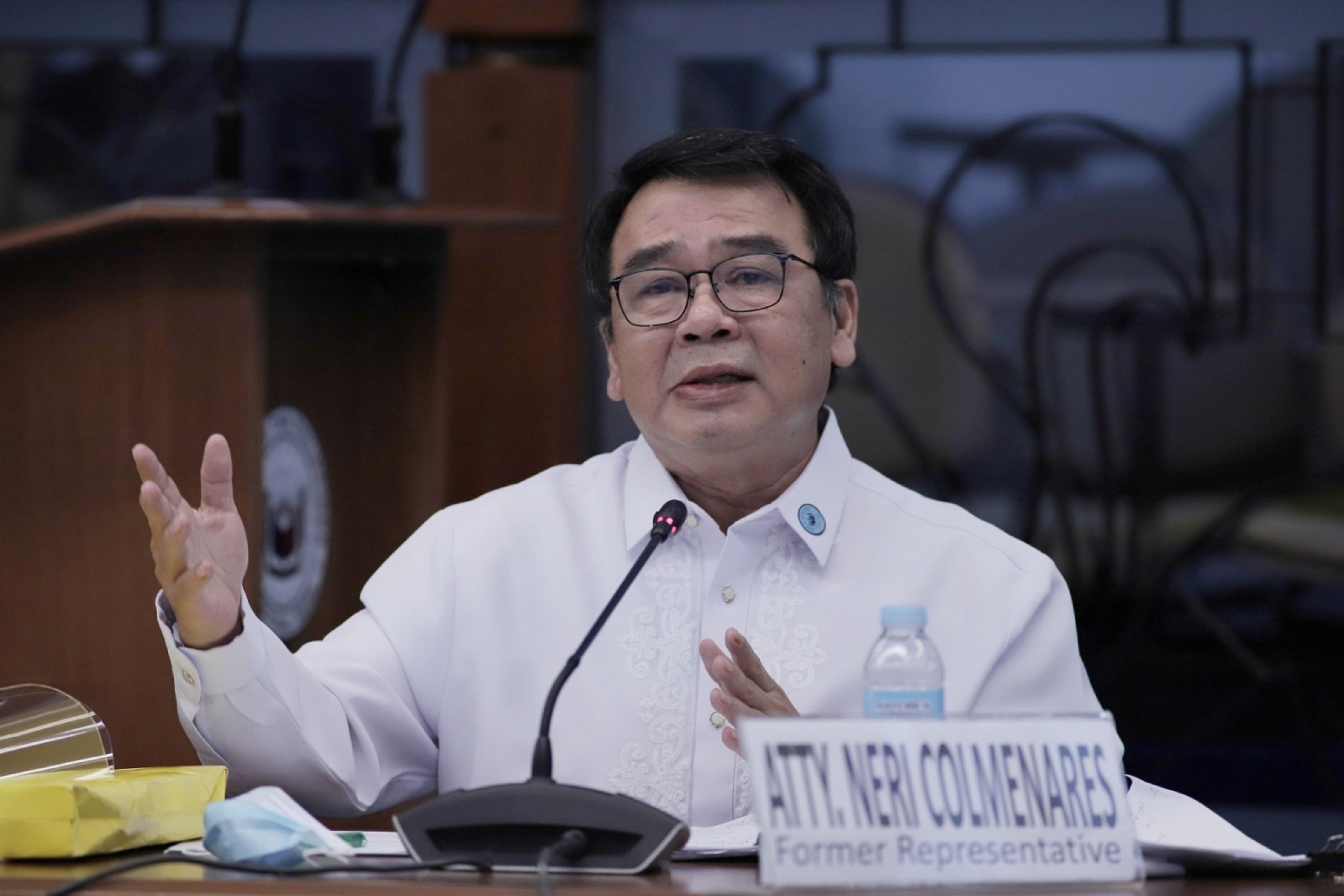 Atty. Neri Colmenares, former Bayan Muna Partylist representative, physically attends the hybrid hearing of the Committee on National Defense and Security, Peace, Unification and Reconciliation on Senate Resolution No. 559 directing the committee to exercise its oversight authority over the defense sector on the issue of red-tagging/ red-baiting of certain celebrities, personalities, institutions, and organizations, Tuesday, December 1, 2020. Joseph Vidal, Senate PRIB/File.