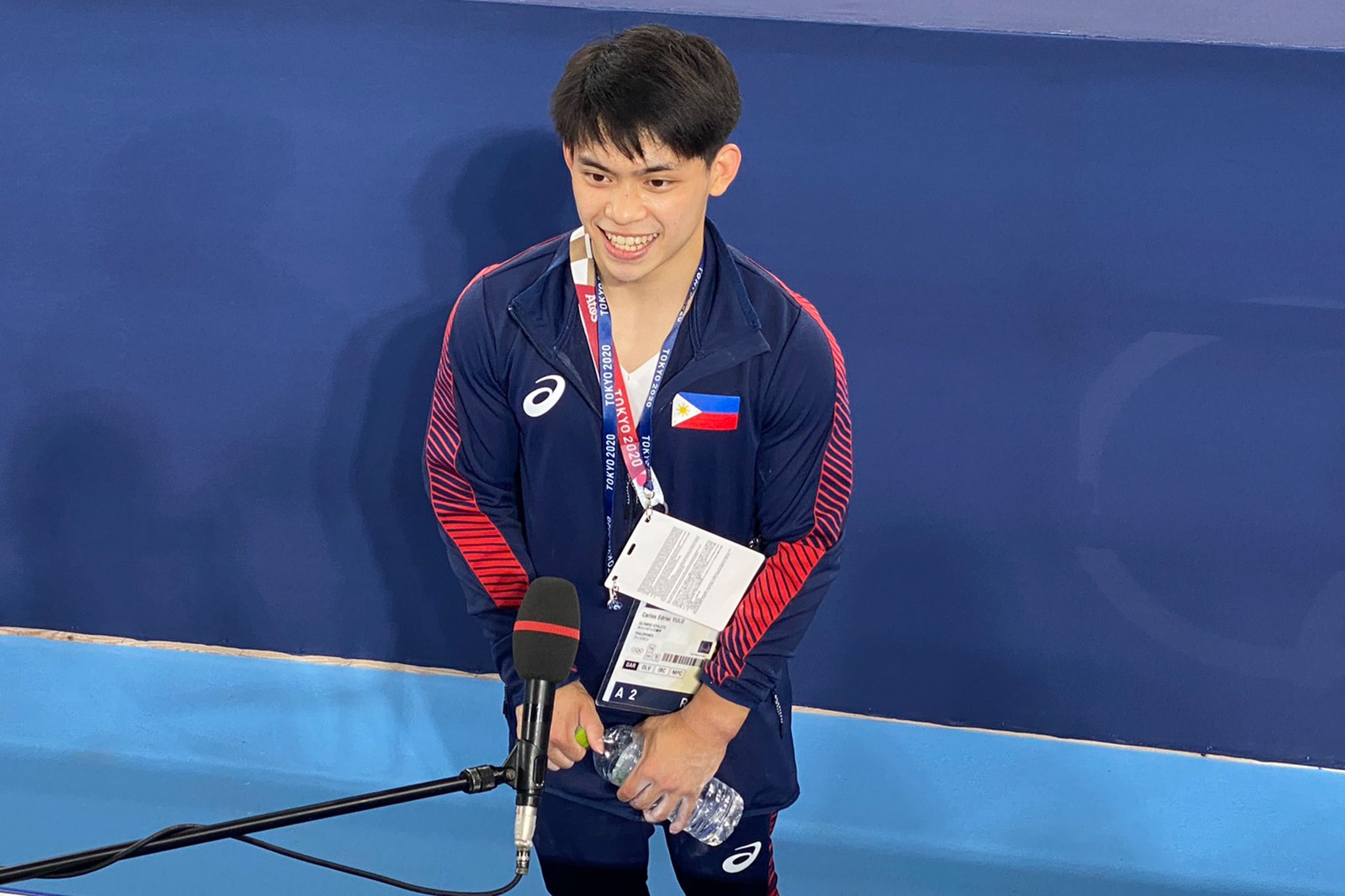 Filipino Olympian Carlos Edriel Yulo is interviewed after competing in the artistic gymnastics men's vault final of the Tokyo 2020 Olympic Games at the Ariake Gymnastics Centre in Tokyo on August 2, 2021. Dyan Castillejo, ABS-CBN News/File.