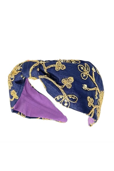 Sitara Vintage Angel Embroidered Headband in Navy/Gold